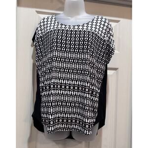 Chicos Black White Beige Geometric Print Short Cap Sleeve Top Size 2